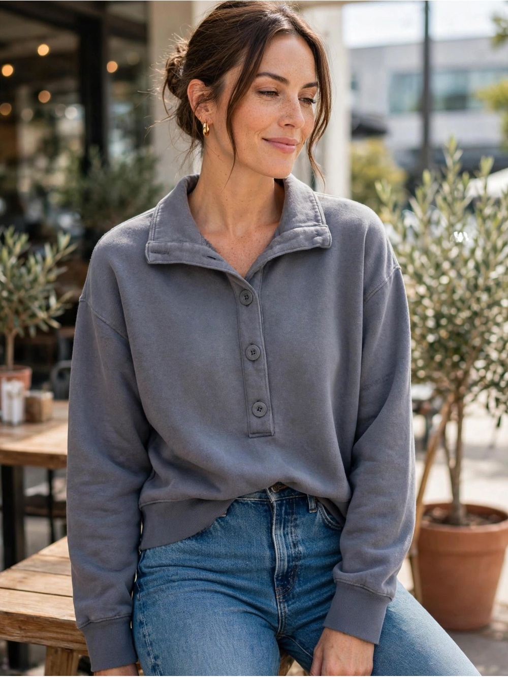 Universal Thread Gray Button-Front Pullover Sweatshirt
